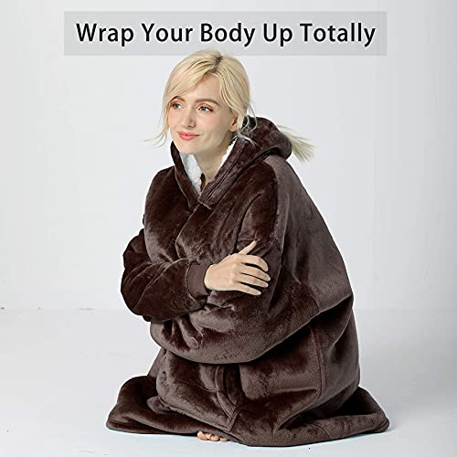 Tormays Oversized Flannel Blanket with Long Sleeves, Wearable and Cozy with Large Front Pocket, Sherpa Fleece Lining for Adults, Teens and Children (33 inch, Brown)