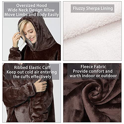 Tormays Oversized Flannel Blanket with Long Sleeves, Wearable and Cozy with Large Front Pocket, Sherpa Fleece Lining for Adults, Teens and Children (33 inch, Brown)