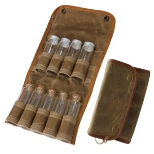 ULUZE Camping Spice Bag Kit with 9 Glass Spice Jars, Wax Canvas Spice Storage Bag, Portable Spice Bag, Travel Spice Holder Hiking Spices Set bushcraft Spice Kit and Oil Pouch Spice Jar Khaki