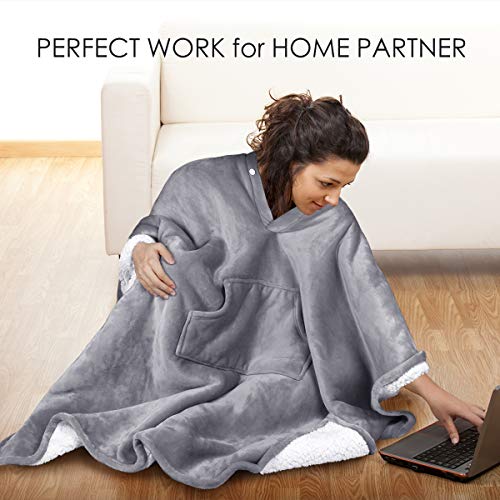 Tirrinia Sherpa Wearable Blanket Super Soft Comfy Plush Fleece Poncho for Adult Women, Men, Girlfriend, Kids Throw Wrap Cover Indoors or Outdoors, 55''x 80'' Grey