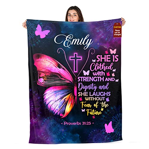 Jesuspirit Personalized Christian Fleece Blanket - Healing Butterfly Purple & Pink Blankets - Custom Name Bible Scripture Blanket - Get Well Soon Gifts For Women - Inspirational Gifts For Mom, Grandma