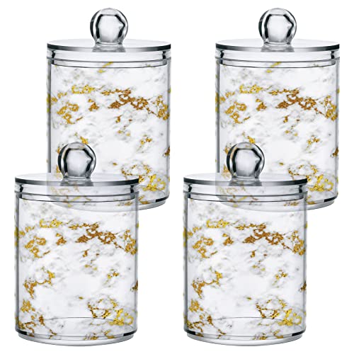 xigua Gold Marble Qtip Holder 4 Pack, 14 oz Apothecary Jars Bathroom Vanity Organizer Canister for Qtips,Cotton Swabs,Cotton Balls,Cosmetic Pads,Flossers,Bath Salts