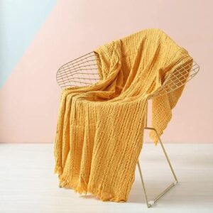 simple&opulence 100% cotton throw blanket for couch, bed, waffle weave knit blanket with tassels, soft lightweight pre-washed breathable cozy blanket farmhouse decoration for all-season (gold yellow)
