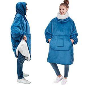 PAVILIA Wearable Blanket Hoodie with Neck Warmer, Plush Oversized Sweatshirt, Big Hooded Blanket Sweater with Giant Pocket, Super Soft Cozy Warm Gift for Women Men Adult (Sherpa Fleece, Teal Blue)