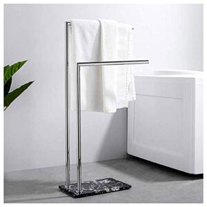 towel rack stand alone, 2 tier freestanding towel holder for floor, stainless steel bathroom accessories with marble base, no rust, simple assemblysilver