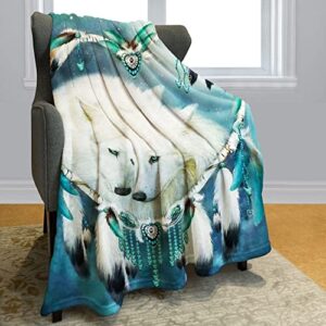 yisumei wolf dream catcher throw blanket blue nebula white wolf fleece blanket soft warm cozy for sofa couch bed 50"x60"