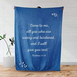 scripture blanket soft prayer blanket with god's promise from matthew 11:28 - blue 50"x65" inspirational blanket - lightweight flannel fleece bible verse blanket