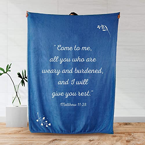 Scripture Blanket Soft Prayer Blanket with God's Promise from Matthew 11:28 - Blue 50"x65" Inspirational Blanket - Lightweight Flannel Fleece Bible Verse Blanket