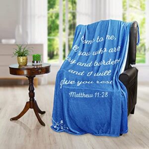 Scripture Blanket Soft Prayer Blanket with God's Promise from Matthew 11:28 - Blue 50"x65" Inspirational Blanket - Lightweight Flannel Fleece Bible Verse Blanket