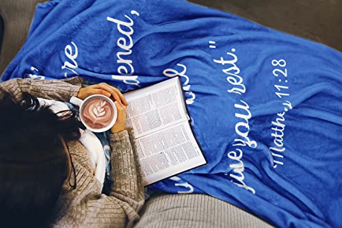 Scripture Blanket Soft Prayer Blanket with God's Promise from Matthew 11:28 - Blue 50"x65" Inspirational Blanket - Lightweight Flannel Fleece Bible Verse Blanket