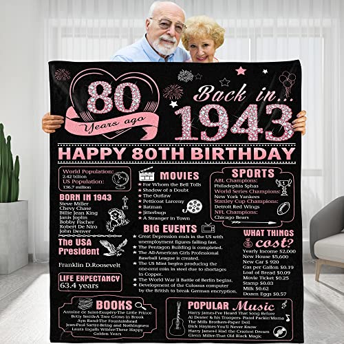 KERAOO 80 Years Ago 80th Birthday Wedding Anniversary Throw Blanket, Perfect 1943 Birthday Gifts Ideas for Wife Husband Mom Dad Friends, Gold Back in 1943 50th Birthday Gifts