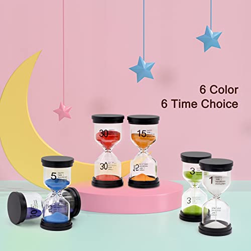 Sand Timer, Hourglass Sand Timers Colorful 1/3/5/10/15/30 Minutes Sandglass Timer with Protective Cover for Classroom Home Office Cooking (Pack of 6)