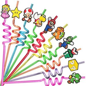 25pcs game party favors reusable drinking straws, 10 designs birthday party supplies with 2 cleaning brush
