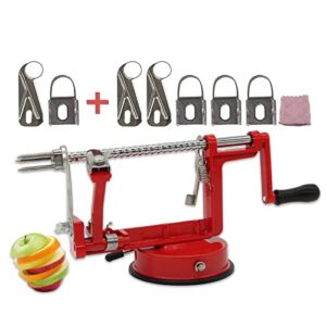 apple peeler, slicer corer potato peelers 3 in 1, stainless steel heavy duty suction cup base and 5 extra blades included as well as cleaning tool (red)