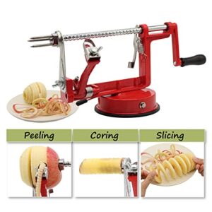 Apple Peeler, Slicer Corer Potato Peelers 3 In 1, Stainless Steel Heavy Duty Suction Cup Base And 5 Extra Blades Included As Well As Cleaning Tool (red)