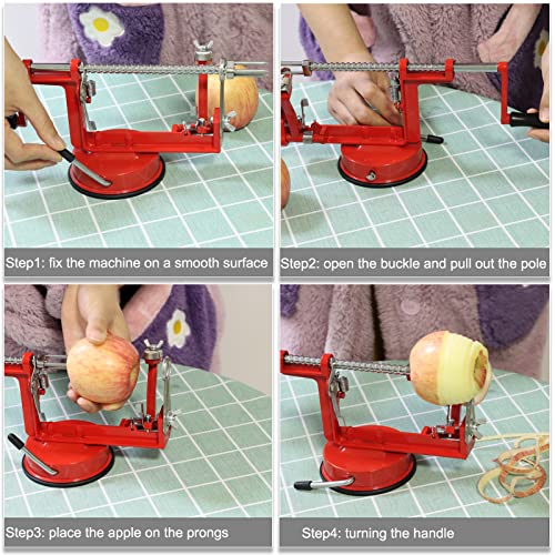 Apple Peeler, Slicer Corer Potato Peelers 3 In 1, Stainless Steel Heavy Duty Suction Cup Base And 5 Extra Blades Included As Well As Cleaning Tool (red)