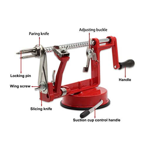 Apple Peeler, Slicer Corer Potato Peelers 3 In 1, Stainless Steel Heavy Duty Suction Cup Base And 5 Extra Blades Included As Well As Cleaning Tool (red)