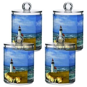 keepreal lighthouse landscape oil paintings qtip holder dispenser with lids, 4pcs plastic food storage canisters, apothecary jar containers for vanity organizer storage