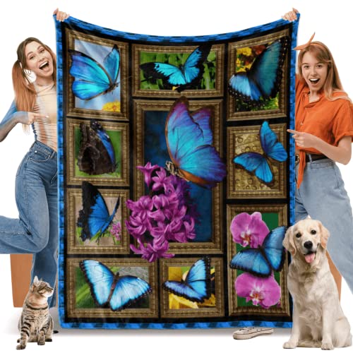 Butterfly Throw Blanket for Womens, Butterfly Gifts for Women, Soft Cozy Lightweight Butterfly Flannel Blankets and Throws for Couch Bed ( 60" x 80", Blue Butterfly )