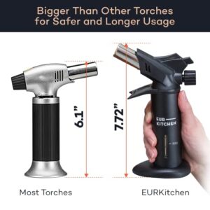 EurKitchen Premium Culinary Butane Torch with Gauge, Safety Lock, Adjustable Flame, Guard- Refillable Cooking Torch Lighter for Creme Brulee, BBQ, Baking, Soldering, Crafts- Butane Gas Not Included