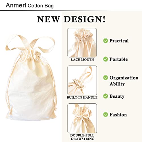 Anmerl 6 Pack Cotton Storage Bag, Drawstring Bag with Handle, Breathable Dust Bag for Handbag Purse Clothes Shoes, Beige, Mixed Size