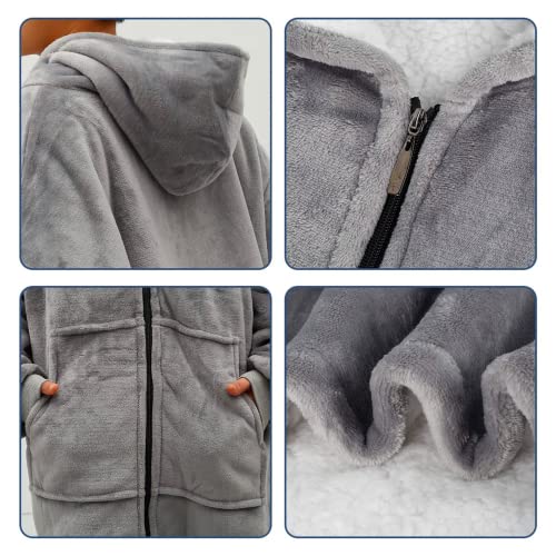 Shellconch Oversized Wearable Blanket Hoodie.Sherpa sweatshirt blanket has hats, zippers suitable men and women as gifts (GREY)