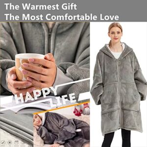 Shellconch Oversized Wearable Blanket Hoodie.Sherpa sweatshirt blanket has hats, zippers suitable men and women as gifts (GREY)