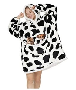 iamacos wearable blanket hoodie cow spot, oversized pullovers sherpa blanket sweatshirt, warm cozy throw blanket, thick tv blanket for women men, sofa napping working camping trip, one size fits all