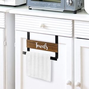 MyGift Black Metal Over The Cabinet Kitchen Towel Holder Dishrag Drying Rack with Rustic Solid Burnt Wood White Cursive Towels Design Sign