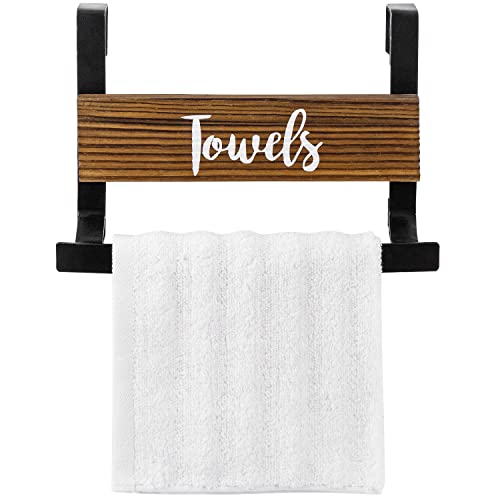 MyGift Black Metal Over The Cabinet Kitchen Towel Holder Dishrag Drying Rack with Rustic Solid Burnt Wood White Cursive Towels Design Sign