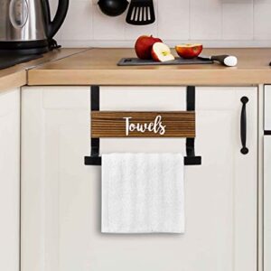 MyGift Black Metal Over The Cabinet Kitchen Towel Holder Dishrag Drying Rack with Rustic Solid Burnt Wood White Cursive Towels Design Sign