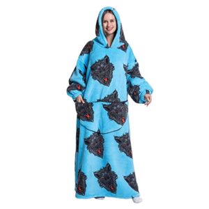 long wearable blanket hoodie for women and men,lengthened hooded blanket for adult oversized sherpa sweatshirt flannel hooded blanket with hood giant pocket,wolf