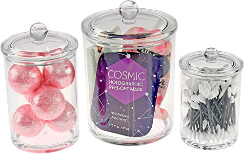 HOME-X Set of 3 Apothecary Jars, Cotton Ball & Swabs Holder, Bathroom Storage, Crystal Clear Acrylic Container with Lid-24 oz.-12 oz.-5 oz