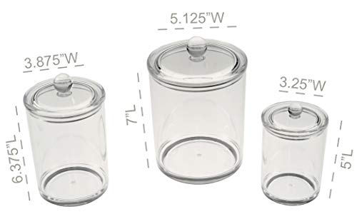HOME-X Set of 3 Apothecary Jars, Cotton Ball & Swabs Holder, Bathroom Storage, Crystal Clear Acrylic Container with Lid-24 oz.-12 oz.-5 oz