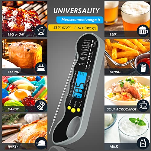 Instant Read Meat Thermometer for Kitchen Cooking, Ultra Fast Precise Waterproof Digital Food Thermometer with Backlight, Magnet and Foldable Probe for Deep Fry, Grill