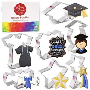 ann clark cookie cutters 7-piece graduation cookie cutter set with recipe booklet, graduation cap, gown, diploma, graduate, star, plaque, and shooting star