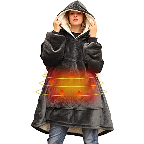 WOOLALA USB Heated Wearable Blanket, Oversied Lazy Hoodie with Large Heating Area on Back Cozy Sherpa Sweatshirt Therapy Heat Blacket with Hood for Sofa/ Bed/ Nightwork/ Outdoor