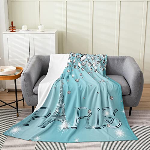 Eiffel Tower Throw Blanket 40x50 Size,Romantic Paris Tower Fleece Blanket for Teens Adult,Gradient Diamond Flannel Blanket,Teal Sparkles Sequins Valentines Bed Blanket Living Room Decor