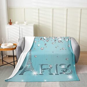 Eiffel Tower Throw Blanket 40x50 Size,Romantic Paris Tower Fleece Blanket for Teens Adult,Gradient Diamond Flannel Blanket,Teal Sparkles Sequins Valentines Bed Blanket Living Room Decor