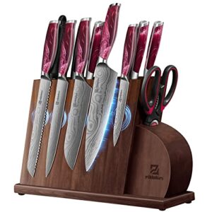 piklohas knife sets for kitchen with block, 14 pieces kitchen knife set with magnetic knife holder, german high carbon stainless steel damascus pattern chef knife set with sharpener, steak knives, red