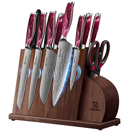 Piklohas Knife Sets For Kitchen With Block, 14 Pieces Kitchen Knife Set With Magnetic Knife Holder, German High Carbon Stainless Steel Damascus Pattern Chef Knife Set With Sharpener, Steak Knives, Red