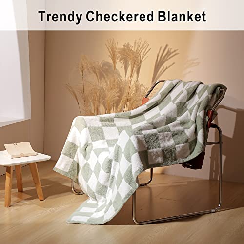 Chic Throw Blankets with Checkerboard Plaid- Stretchy Fluffy Cozy Blanket Trendy Checkered Gingham Decor for Couch, Bed, Sofa(Throw Size 51"x 63", Sage Green)