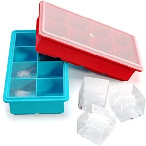vremi stackable large ice cube trays — pack of 2 silicone trays — 8 cubes per tray — ideal for cocktails, frozen treats, soups, sauces,and baby food — bpa free with frost resistant lids — red and blue