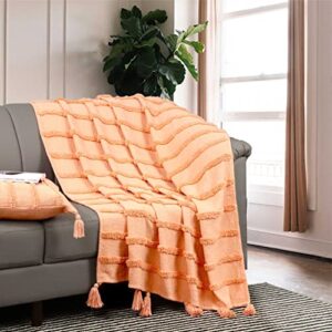 alluring comfort peach throw blanket, 50x60 inches with tassels. tufted stripes design on slub base made with 100% cotton for sofa, couch premium decorative knitted throw blankets