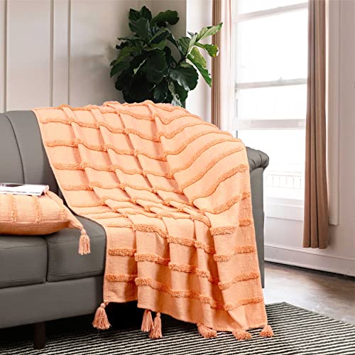 Alluring Comfort Peach Throw Blanket, 50x60 inches with Tassels. Tufted Stripes Design on slub Base Made with 100% Cotton for Sofa, Couch Premium Decorative Knitted Throw Blankets