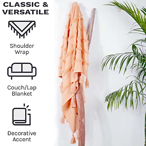 Alluring Comfort Peach Throw Blanket, 50x60 inches with Tassels. Tufted Stripes Design on slub Base Made with 100% Cotton for Sofa, Couch Premium Decorative Knitted Throw Blankets