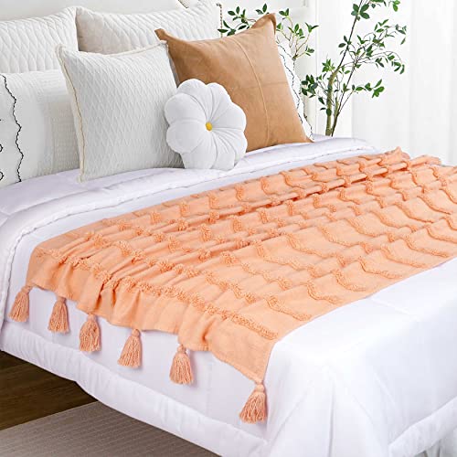 Alluring Comfort Peach Throw Blanket, 50x60 inches with Tassels. Tufted Stripes Design on slub Base Made with 100% Cotton for Sofa, Couch Premium Decorative Knitted Throw Blankets