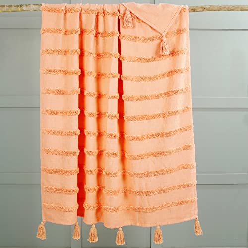 Alluring Comfort Peach Throw Blanket, 50x60 inches with Tassels. Tufted Stripes Design on slub Base Made with 100% Cotton for Sofa, Couch Premium Decorative Knitted Throw Blankets