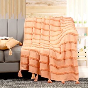 Alluring Comfort Peach Throw Blanket, 50x60 inches with Tassels. Tufted Stripes Design on slub Base Made with 100% Cotton for Sofa, Couch Premium Decorative Knitted Throw Blankets