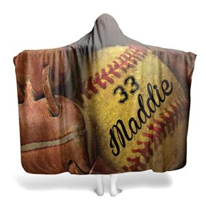personalized softball on glove hooded blanket with name number, custom softball blanket, softball girls gifts wearable blanket ultra-soft warm blanket with hood, sport hooded blanket for kids adults